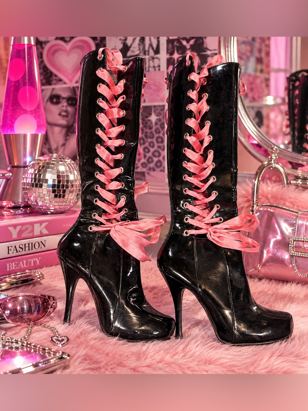 Penthouse by Ellie Shoes Black Patent Lace-Up Stiletto Boots with Pink Ribbon